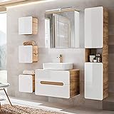 Lomadox Komplett Badezimmer Set in Hochglanz weiß mit Wotaneiche, 50cm Keramik-Waschtisch mit 80cm Unterschrank, LED-Spiegelschrank