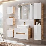 Lomadox Komplett Badezimmer Set in Hochglanz weiß mit Wotaneiche, 50cm Keramik-Waschtisch mit 80cm Unterschrank, LED-Spiegelschrank