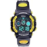 Kinder Digitaluhr, Jungen Mädchen 50M (5ATM) Wasserdicht 7 Farben LED Multifunktions Sport Outdoor Armbanduhren mit Alarm(Schwarz-Gelb)