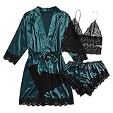 Damen Schlafanzug Pyjamas Hausanzug Set Satin Pyjama Kurz Set V-Ausschnitt Verstellbaren Trägern Soft Lounge S