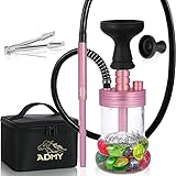 ADMY Mini Shisha Set,Hookah to go Aluminium 28cm,Kleine Wasserpfeife Komplettset Kaminaufsatz Smokebox Silikonkopf Schlauch Mundstück Tauchrohr Diffusor Knickschutzfeder Zange Reisetasche(Pink)