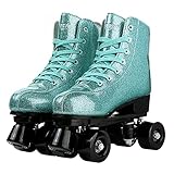 XUDREZ Rollschuhe, zweireihig, Damenskates, High-top Rollschuhe Indoor Outdoor Erwachsene Rollschuhe mit Tasche und Reparatur-Sets (grünes Glitzer-schwarzes Rad, 38 = US Herren: 7 = Damen: 8.5)