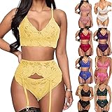JIAYOUA Dessous Set Damen Neckholder 3-Teilig Erotische Unterwäsche Frauen Sexy Strapsen Lingerie Spitze BH und Höschen Strumpfband Reizwäsche Spitze Reizvolle Erotische Hohle Pyj