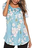 Bequemer Laden T-Shirt Damen Sommer Kurzarm Tunika Knopfleiste Bluse Casual locker Longshirt Oberteile Top,Y-Hellblau,XL
