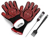 JATrade Grillhandschuhe Ofenhandschuhe inkl. Grillthermometer u. Marinierpinsel, Backhandschuhe Topfhandschuhe für Grill Dutch Oven, Handschuhe hitzebeständig bis zu 800C, Grillen Smoker Zubehö