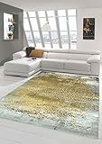 Designer Teppich Moderner Teppich Wollteppich Meliert Wohnzimmer Teppich Wollteppich Ornament Senf Gelb Grau Größe 80x150
