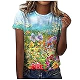 BISADXQ Damen Vintage Print Kurz/Langarm Lose Hemden Retro Rundhalsausschnitt Stretchb
