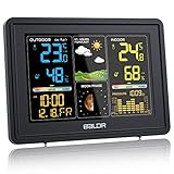 BALDR Wetterstation Funk mit Außensensor, Digital Farbdisplay DCF-Funkuhr Innen und Außen Thermometer Hygrometer, Funkwetterstation mit Wettervorhersage, Barometer und Mondphase (Schwarz)