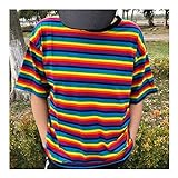 HLMJ Sommer-Baumwoll-T-Shirt Frauen Gestreiftes T-Shirt Regenbogen-Hemd Weibliche Lose Top Shirts In Übergrößen Casual (Color : Short Sleeve, Size : XL.)