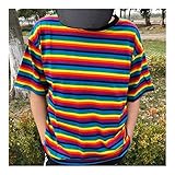 HLMJ Sommer-Baumwoll-T-Shirt Frauen Gestreiftes T-Shirt Regenbogen-Hemd Weibliche Lose Top Shirts In Übergrößen Casual (Color : Short Sleeve, Size : XL.)