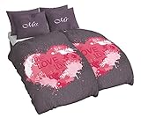 Niceprice 4 Teilig Microfaser Partner Bettwäsche Mr. Und Mrs. Love mit Wende Kissenbezug Grau Pink, 2X 135x200 2X 80x80