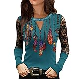 Nhainel Damen Bluse Spitze Langarm Rundhals Tops Casual Pullover Tunika Sexy Sportliche Hemden T-Shirts V Neck Basic-Oberteile Drucken Langarmshirt (Blau, XXXL)