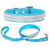 Mdurian Strass Hundehalsband mit Leine Schillernde Kristalldiamant-Nietenhalsbänder Echtes Leder Leinen Combo Set für Haustier Hündchen (L, Lake Blue)