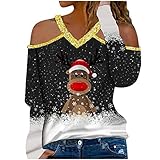 Masrin Trendige Oberteile Damen Weihnachts Rentier Grafik Pullover Kontrastfarbene Patchwork Tunika Tops Sexy schulterfreie Langarmshirts Neckholderbluse mit V Ausschnitt Christmas T S