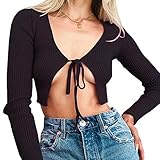 YILEEGOO Damen Strickjacke Bolero Shrug Crop Tops Langarm Offene Front Lace Up Slim Bluse Gr. S, Schw