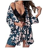 Lihkay Damen Pyjamas Set & Nachthemd 3/4/5 Stück Anzug Spitze Drahtlose Pyjamas Anzüge Nachthemd Seidenunterwäsche Damen Nachtwäsche Weiche Rüschen Robe und Bademantel Pyjamas (3-Piece Suit, M)