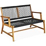 GOPLUS Nylon-Seil Gartenbank, Sitzbank aus Massive Akazienholz, Parkbank mit Armlehne, bis 320 kg belastbar, für Balkon, Terrasse, Garten, Park, 118 x 75 x 81 cm, schw