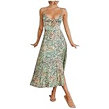 TYTUOO Damen-Sommerkleid, sexy Krawatte, V-Ausschnitt, hohl, Boho-Sommerkleid, lockerer Schlitz, bedruckt, langes Kleid für Strand, A-grün, M