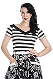 Hell Bunny Caitlin Gestreift Vintage Retro 50er Jahre Rockabilly Kurzarm V-Ausschnitt Top - Schwarz & Weiß (M - DE 38)