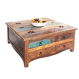 Invicta Interior Massiver Couchtisch Jakarta 70cm bunt Truhe aus recycelten Fischerbooten Holz mit Schubladen Wohnzimmertisch Truhentisch Holztisch H