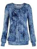 DJT Damen Langarmshirt Rundhals Falten T-Shirt Stretch Tunika Tie-Dye Blau XL