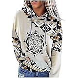 Damen Kapuzenpullover Hoodie Vintage Sweatshirt mit Kapuze Geometrischer Blumen Gedruckte Pullover Frauen Lose Oberteile Kapuzenpullis Langarm Bluse Tunika Shirt Top Herbst W