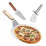 Yoyoblue Pizzaschieber Pizzaschaufel Edelstahl+Pizzaheber mit Holzgriff+Pizzaschneider Qualitäts Dreiteiliger Anzug Bäckerutensilien 3 in 1, zum Backen von Pizza und Kuchen im O