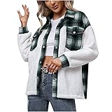 GULASISI Winterjacke Damen Kurz Kariertes Teddy-Fleece Patchwork Hemdjacke mit Knopfleiste Winter Warme Revers Cardigan Jacke Elegant Einfarbig Langarm Plüsch Mäntel Outw