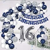 16. Geburtstag Junge，Luftballon Deko 16 Geburtstag Junge，Geburtstagsdeko 16 Junge，Silber Blau Luftballons Junge Deko zum 16 Geburtstag，Tischdecke Happy Birthday Girlande Torten Dek