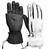 KUTOOK Skihandschuhe Herren Damen WinterHandschuhe Männer Snowboard Handschuhe Wasserdicht Winddicht PU Touchscreen Thermo Für Ski Snowboard Bergsteigen im Winter(weiß M)