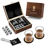 Whisky Geschenkset, 2 Whisky Gläser mit Edelstahl Zange & Aufbewahrungstasche in Premium Holzbox, 8 Granit Wiederverwendbare Whisky Rocks Chilling Ice Cub