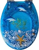 Toilettensitz mit Deckel, mit Motiv der Ozean-Serie, aus Harz, Absenkautomatik, 3D-Effekt, strapazierfähig, mit Delfin, Seestern, echten Muscheln und Sand für U/V/O-Typ-WC
