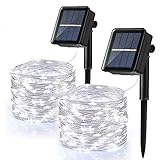 [2 Stück] Solar Lichterkette Aussen Kaltweiss, BrizLabs 12M 120 LED Außen Kupferdraht Lichterkette Wasserdicht 8 Modus Solarlichterkette Innen für Garten Bäume Balkon Hochzeit Party Weihnachten Dek