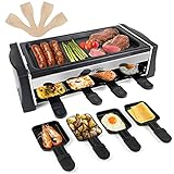 HengBo Raclette Grill Tischgrill Raclette 8 Personen mit Antihaftbeschichtung 8 Mini Raclette Pfännchen, Einstellbarer Temperatur, Abnehmbare Grillplatte, 1100W Schw