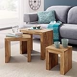 FineBuy 3er Set Satztisch Massiv-Holz Wohnzimmer-Tisch Landhaus-Stil Beistelltisch dunkel-braun Naturholz Couchtisch Natur-Produkt Wohnzimmermöbel Unikat Massivholzmöbel Echtholz Anstelltisch (Akazie)