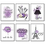 Lila Make-up Poster Fashion Paris Prints Wall Art Makeup Room Artwork Set von 6 Parfüm Blume Lippenstift Leinwand Art Poster Mädchen Zimmer Dekor für Schlafzimmer (27,9 x 35,6 cm ungerahmt edel lila)