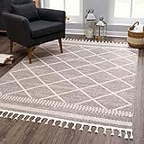 carpet city Teppich Ethno Wohnzimmer Mocca - 200x290 cm - Raute-Berber-Muster - Boho-Teppiche Kurzflor Modern - Fransenteppich Tricolor Soft&Weich - Flachflor S