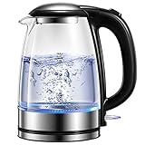 Glas Wasserkocher, 2200W Elektrischer Wasserkocher mit LED-Beleuchtung, 1.7L Schnelle Aufheizung Glaskessel, Abschaltschutz & Trockenlaufschutz, Innendeckel und Boden aus Edelstahl, Kalk