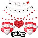 QIMMU Just Married Hochzeit Deko,Latex Herz Luftballon,Just Married Girlande,Rot Weiß Herzluftballons Hochzeit,Just Married Banner für Hochzeit Fest Party