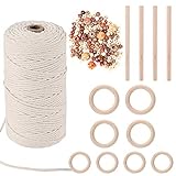 HUTHIM Makramee Garn 3mm x 150m und 110 Perlen, Baumwollgarn Baumwollschnur Baumwollseil Baumwollkordel, Macrame Garn DIY Handwerk Basteln Stricken Wandbehang Blumenampel Pflanze Aufhänger, Beig