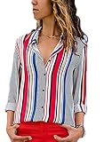 Streifen Bluse Damen Hemd Gestreift Oberteile V-Ausschnitt Lose Casual Chiffon Langarm T-Shirt Top Tunika Elegant Langarmshirt Schlank Blusen C Rot DE 38