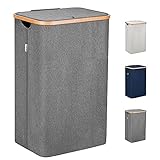 Lonbet - Wäschekorb mit Deckel Groß - XXL 100 Liter - Wäschekorb Holz Bambus - Wäschesammler Grau mit Griffen - Grey Laundry Basket - Laundry Hamper with L