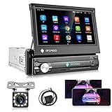 Hodozzy Android Autoradio 1Din 7'' kapazitiver ausklappbarer Touchscreen Autoradio mit WiFi GPS Navi Auto Multimedia Player FM Radio 1Din Autoradio + Rückfahrk