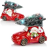 com-four® 2X LED Weihnachtsauto mit Tanne - Rotes Auto aus Keramik mit LED-Licht - Deko-Auto für Weihnachten mit Santa Claus und Schneemann [Auswahl variiert]