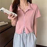 LYHMHZ Sommer Frauen Shirts Cropp Top Süßigkeiten Farben Mode Reißverschluss Einzigartiger Vintage Einfach 2021 Neue Weibliche Weiche Dünne Outfit Tops Thees (Color : Pink, Size : S)