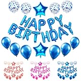 Hanmulee Geburtstagsdeko Blau Deko, Happy Birthday Ballons Geburtstag Dekoration für Junge Baby, Party Deko, Blau Konfetti Luftballons, Tischdeko Geburtstag Dek
