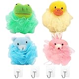 4PCS Kinder süß Tier Duschschwamm Karikatur Badeschwamm, Bade Blume Badeknäuel für Kinder Frauen, Massageschwamm mit 4 Nahtlose Hak