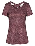 Sykooria T-Shirts Damen Sport Atmungsaktiv Criss Kreuz Zurück Sportlich Yoga Gym Joggen Laufen Tshirt Damen Sportshirt Tops Weinrot, L