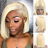 XFSHKJS Kurze Bob Lace Front Echthaar Perücken 613 Bleach Blonde vorgezupfte Babyhaare, natürlich seidig hitzebeständig 150 Dichte 12 Zoll für Frauen A/
