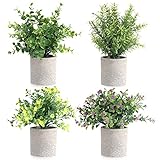 4 Sets dekorative künstliche Pflanzen, grüne Pflanzen, für drinnen und draußen, große Topfpflanzen, Eukalyptus, Rosmarin und Schleierkraut, für Wohnzimmer, Garten, Dekoration, Küche, Schreib